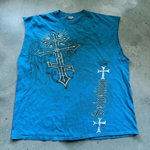 Mens Salvation Gothic Cross Graphic Muscle Tee Blue Sleeveless Shirt XL 2XL